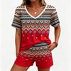 Summer Fashion Ethnic Style Pattern Printed V Neck Short Sleeved T-Shirt And Shorts Set Men's and Women's T-shirt Shorts Set