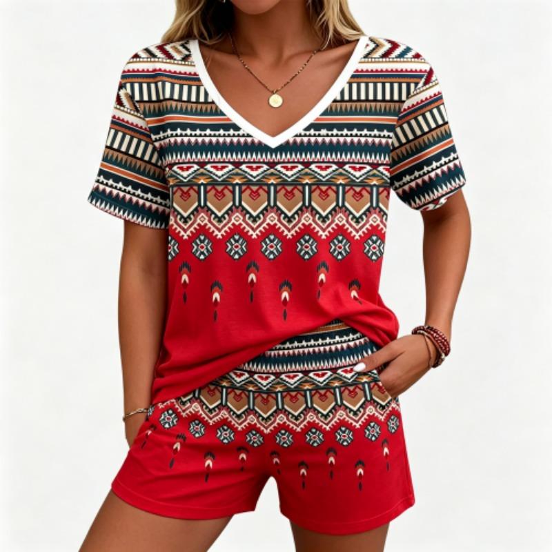 Summer Fashion Ethnic Style Pattern Printed V Neck Short Sleeved T-Shirt And Shorts Set Men's and Women's T-shirt Shorts Set