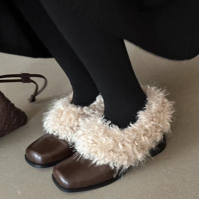 Версия из коровьей кожи, пушистые туфли на высоком каблуке, женские бархатные теплые туфли с квадратным носком, одинарные туфли-лодочки на толстом каблуке, маленькие кожаные туфли, хлопковые туфли