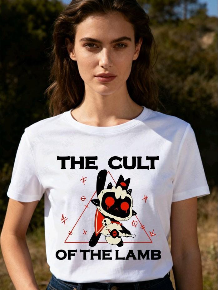 Cult of The Lamb Creative Double Sided Printed T-shirt Game Enthusiasts Unisex Casual Round Nec