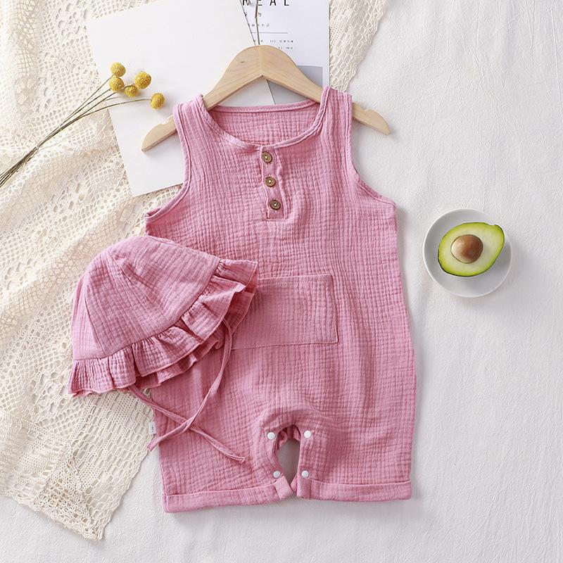 Muslin Summer Baby Jumpsuit with Hat Soft Cotton Baby Girl Boy Clothes Sleeveless Toddler Romper Infant Clothing Newborn Outfit