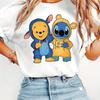 Ladies Short Sleeved Cute Cartoon Winnie The Pooh and Stitch Printed Round Neck Summer Tshirt