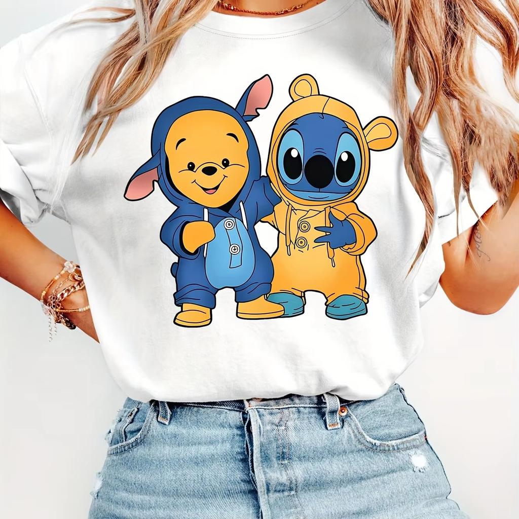 Ladies Short Sleeved Cute Cartoon Winnie The Pooh and Stitch Printed Round Neck Summer Tshirt