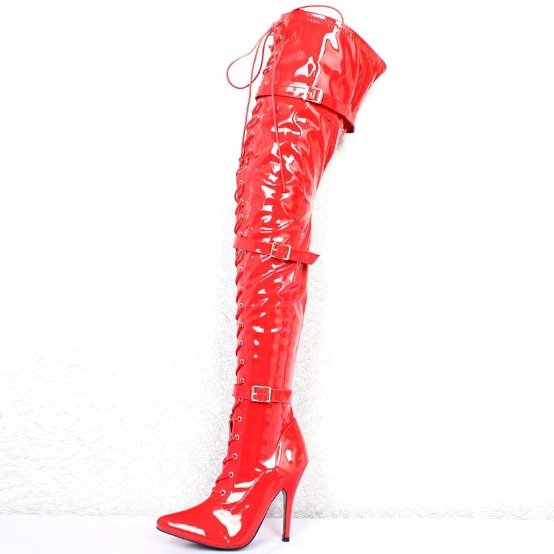 Сапоги на высоком каблуке 12 см с острым носком, пряжкой и ремешком на шнуровке, высокие сапоги выше колена, экзотические, фетишистские, сексуальные, туфли