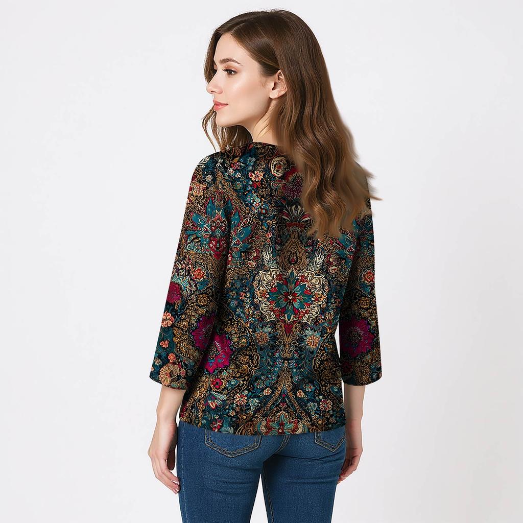 Женские рубашки с рукавом 3/4, топы с принтом и V-образным вырезом, повседневные топы, базовые футболки, блузки, свободные топы