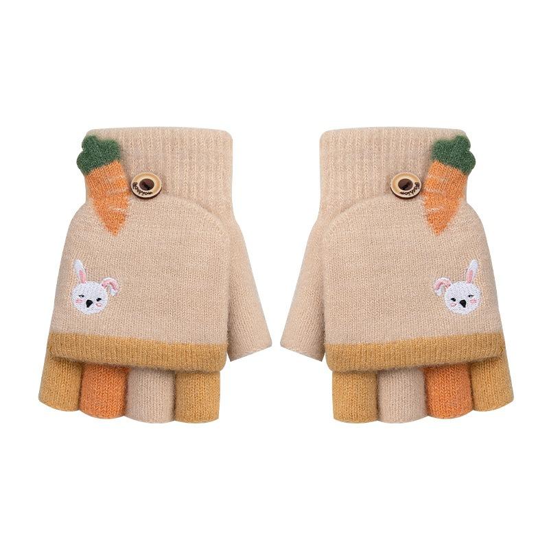 Wool Knitted Half-finger Flip Dew Finger Primary School Students Writing Thickened Warm and Cold-proof Cute Rabbit Winter Girls Gloves