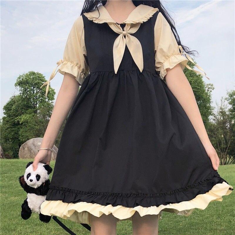 Женское платье Preppy Kawaii Свободное лоскутное платье с бантом в стиле Лолиты Сладкое популярное платье
