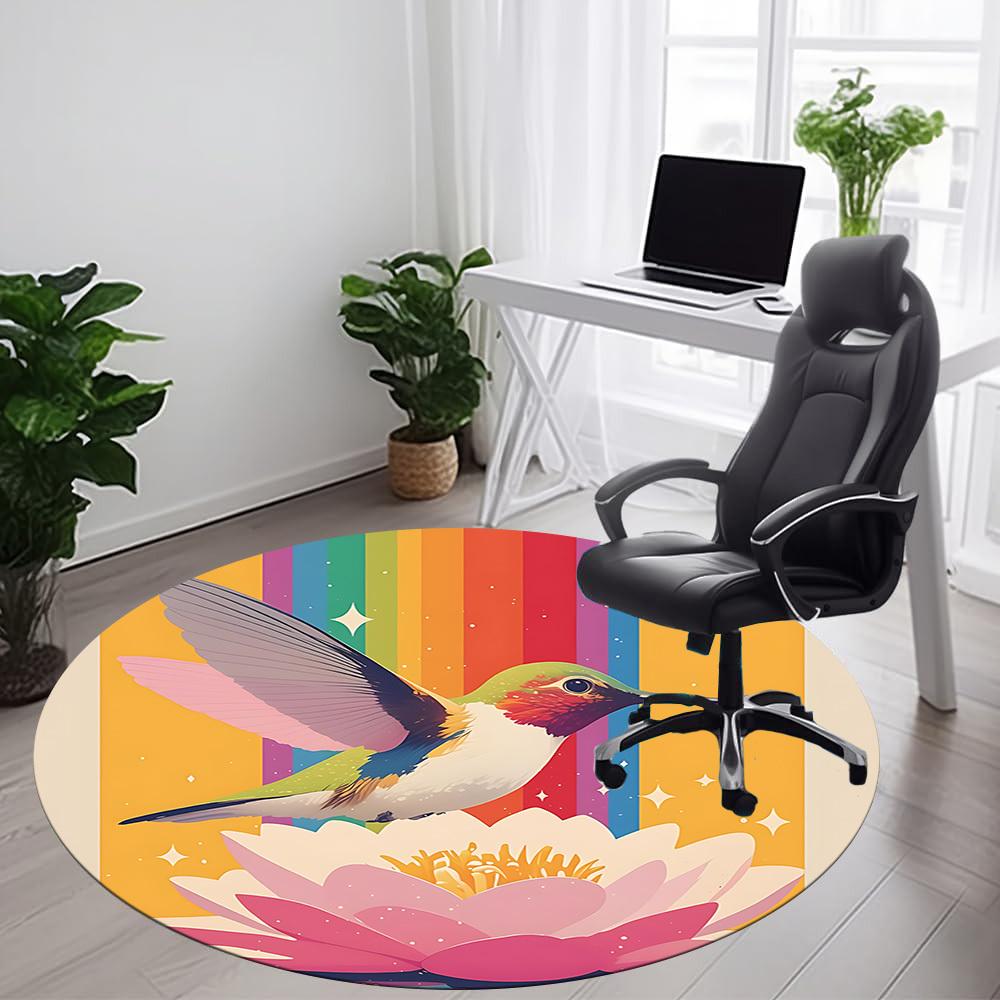 1PC Hummingbird Lotus Office Round Area Rug, Mat Suitable ForOffice, Under Office Chairs Bedroom Living Room Home Decor, Room Deco
