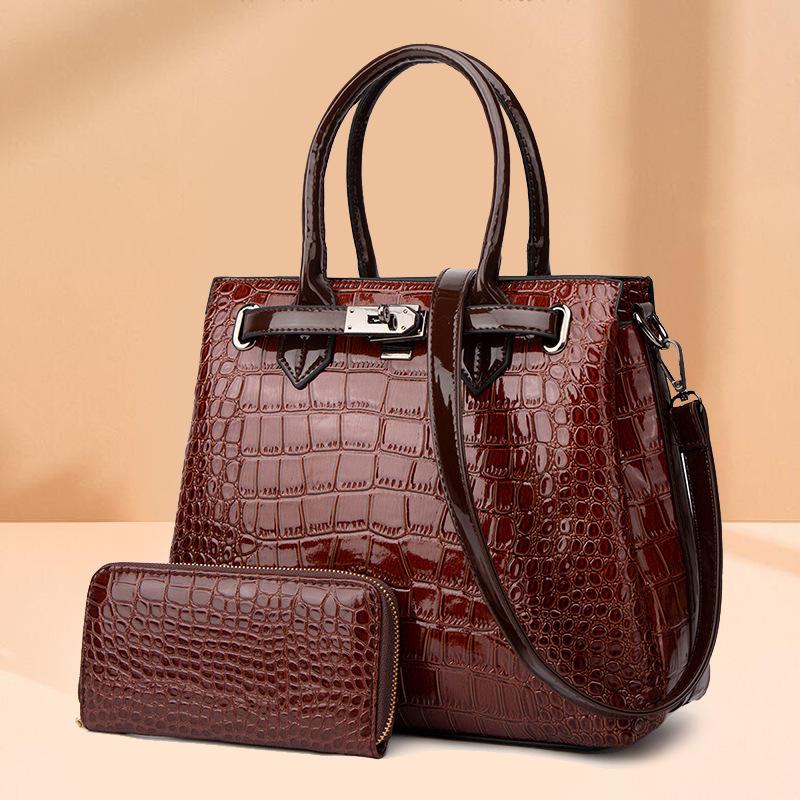 Crocodile Pattern Lacquer Leather Women's Bag Two Piece Handheld One Shoulder Diagonal Straddle Bag