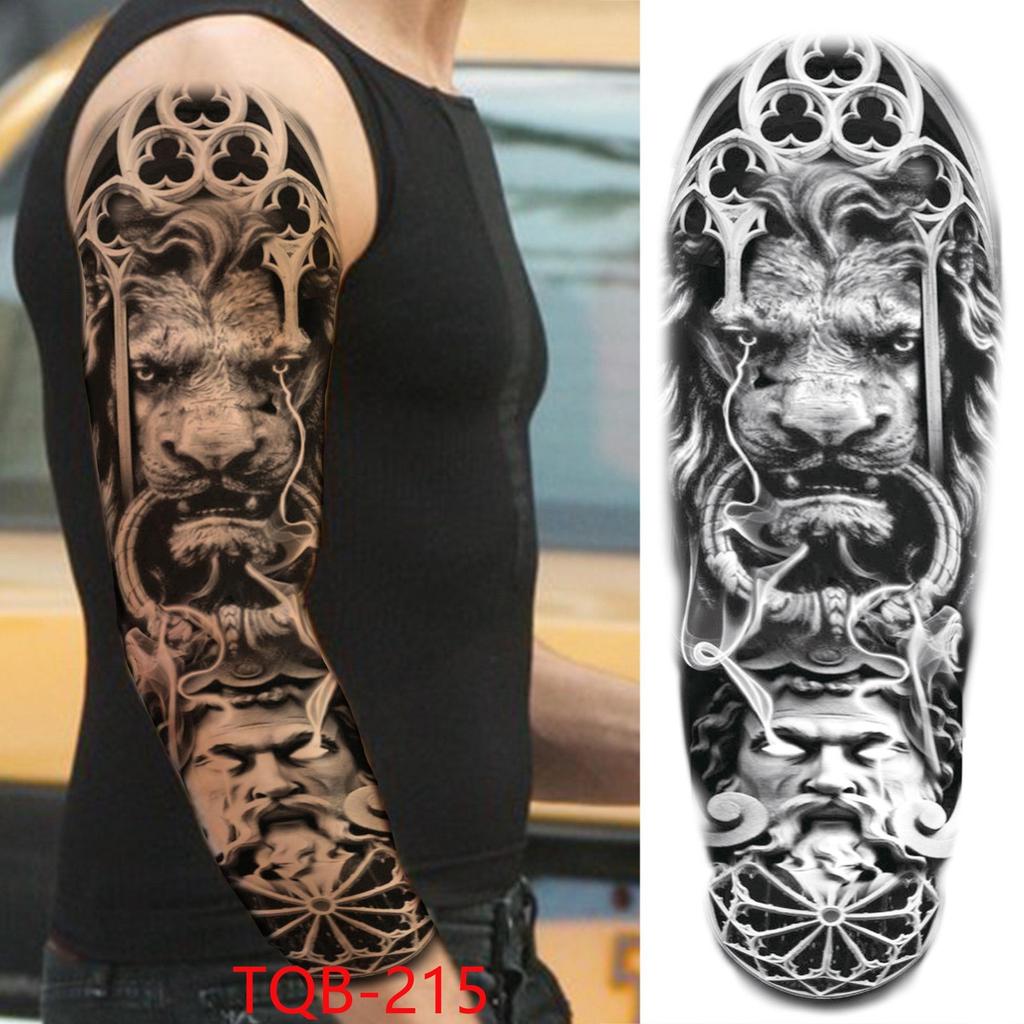 New 1 PC 480*170MM Super Large Compass Wolf Head Eye Fake Lion God Feather Temporary Tattoo Sleeves For Men Women Tattoo Full Arm Tattoo Sticker