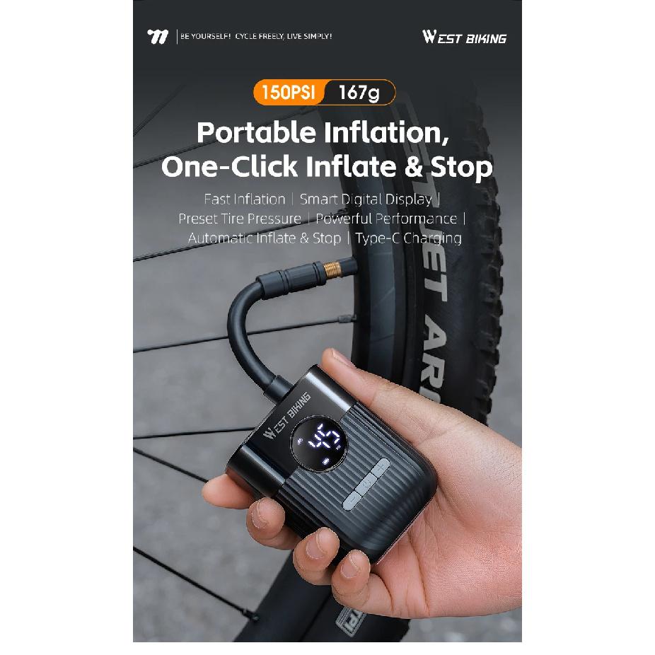 WEST BIKING 150PSI Bike Pump Mini Electric Pump Portable Digital Display Tire Inflator For Schrader/Presta Valve Bike Accessory