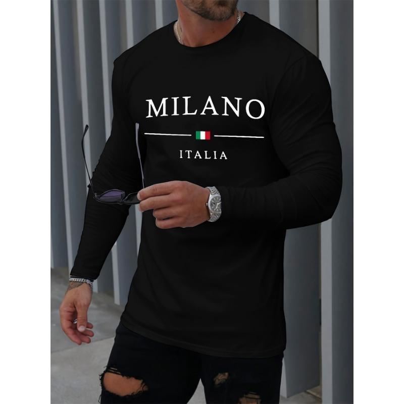 Men's Comfortable Sports Casual Loose Fit Plus Size MILANO ITALIY Printed Round Neck Long Sleeved T-shirt Top