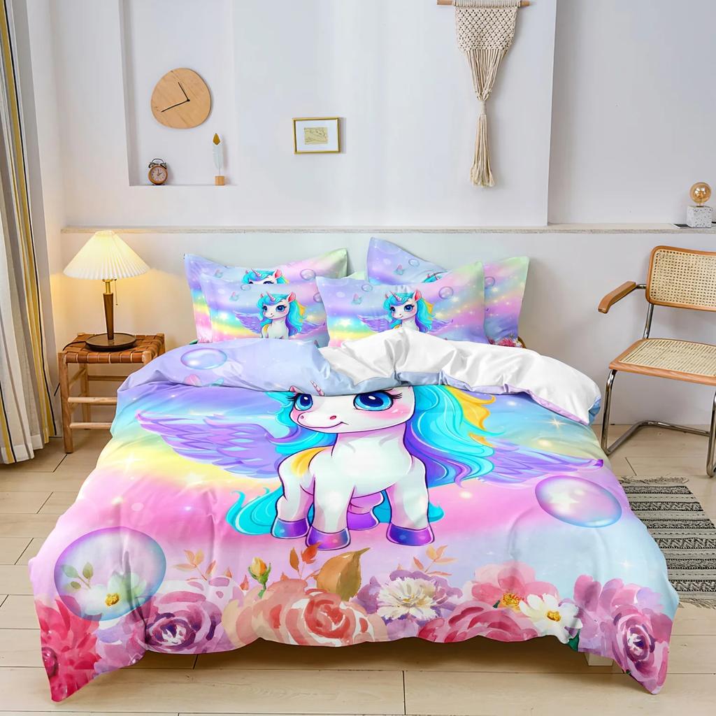 Anime Duvet Cover Pink Purple Unicorn Print Set Suitable For Bedroom Hotel Inn School Dormitory Can Be Used As Holiday Gifts