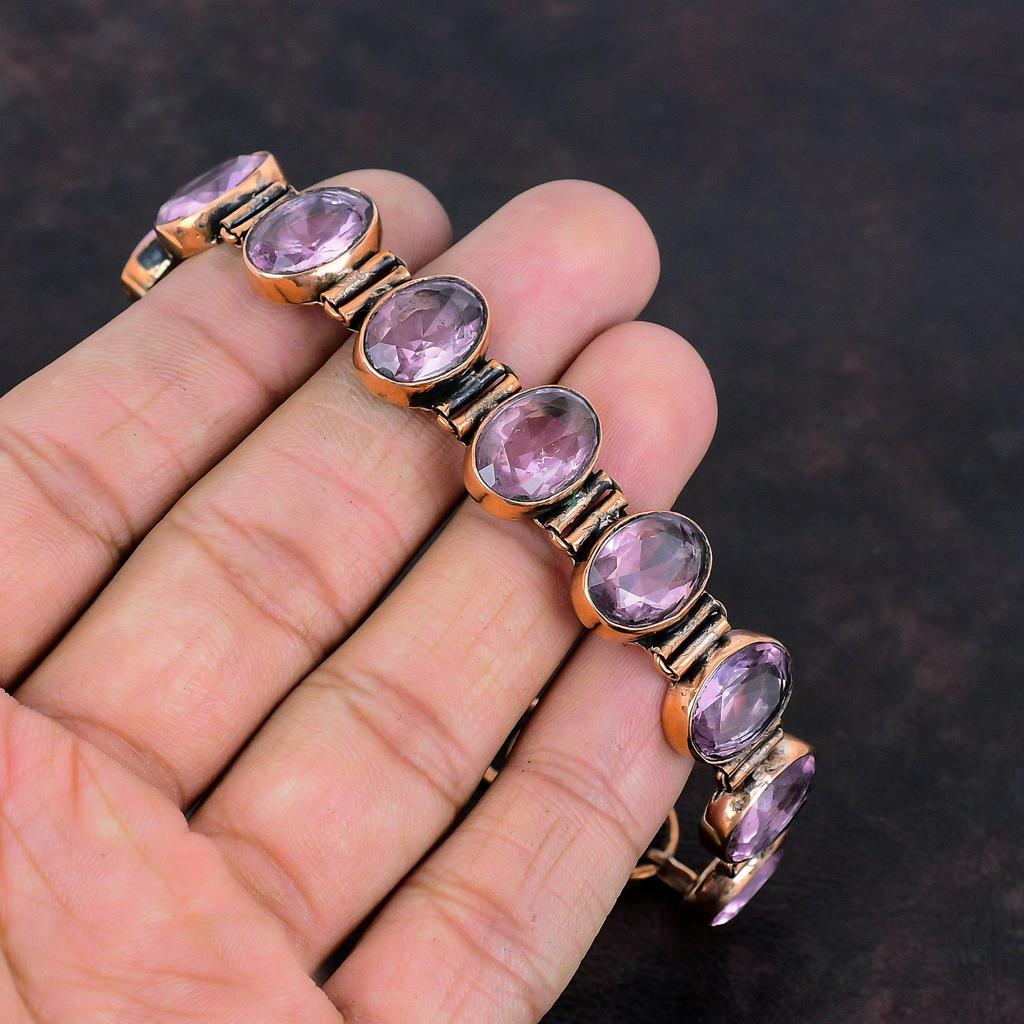 Граненый браслет из розового кунцита Медный браслет Регулируемый браслет-цепочка Браслет из натурального камня ручной работы Кунцит Медные украшения Подарок для него