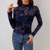 Женский топ с длинным рукавом из сетки с воротником-стойкой, цветочная полупрозрачная рубашка, сексуальная блузка для вечеринки, клуба, ночного выхода