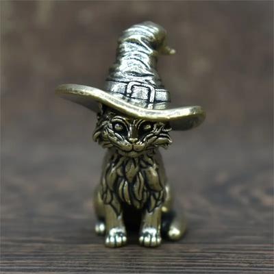 1 шт. Винтажная статуэтка кошки-ведьмы из латуни, цельная миниатюрная скульптура кошки, декоративная фигурка животного, антикварный медный чайный питомец, Коллекцион