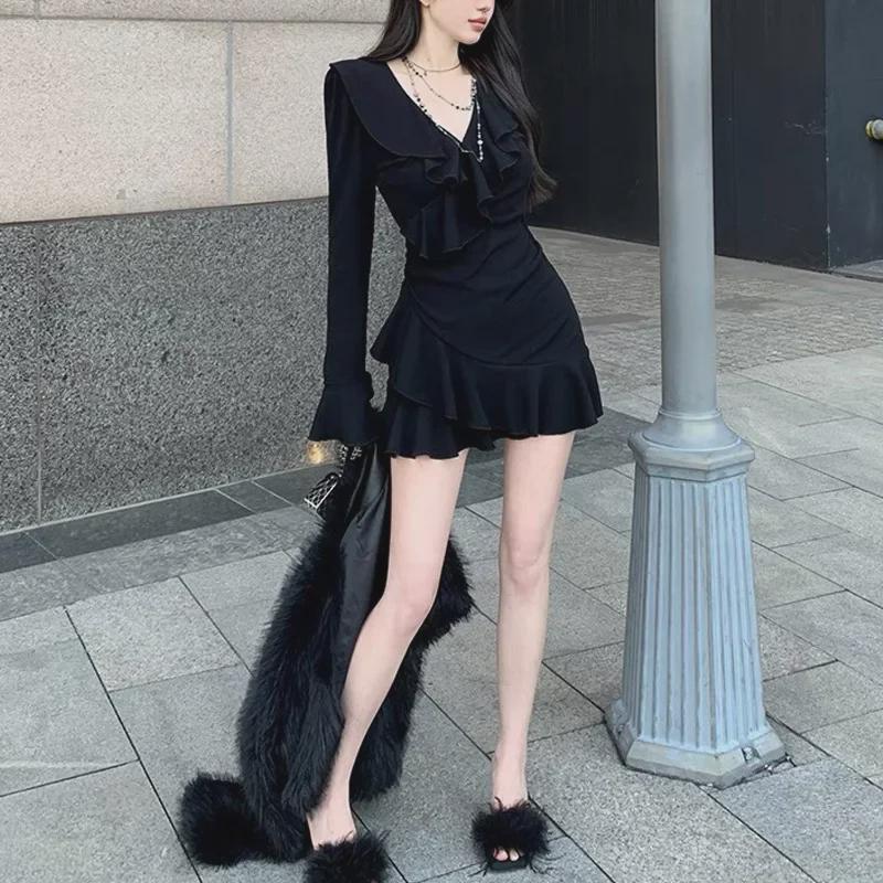 Платье А-силуэта с оборками и V-образным вырезом для женщин — облегающее, облегающее талию, новый стиль осень/зима