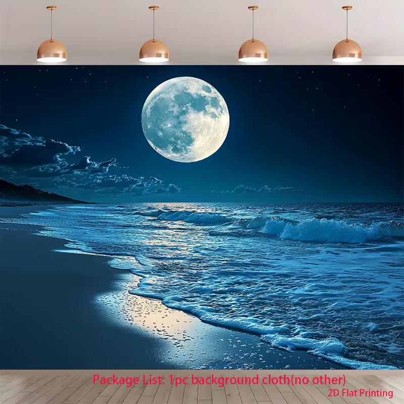 2D Moonlit Seashore with Starry Sky Photography Background