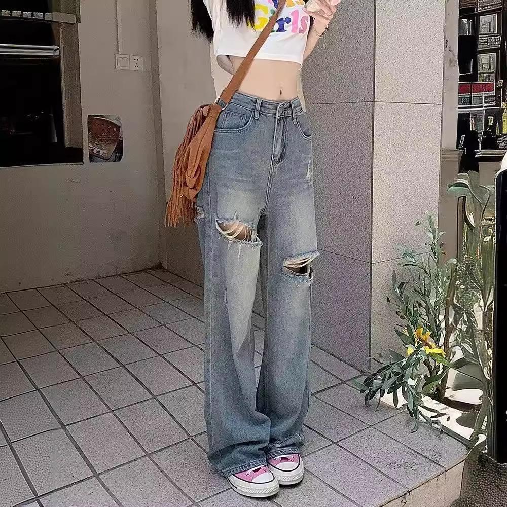 Американские рваные джинсы Slim-Fit в стиле ретро — женские, в гонконгском стиле, свободные, прямые, универсальные широкие летние брюки