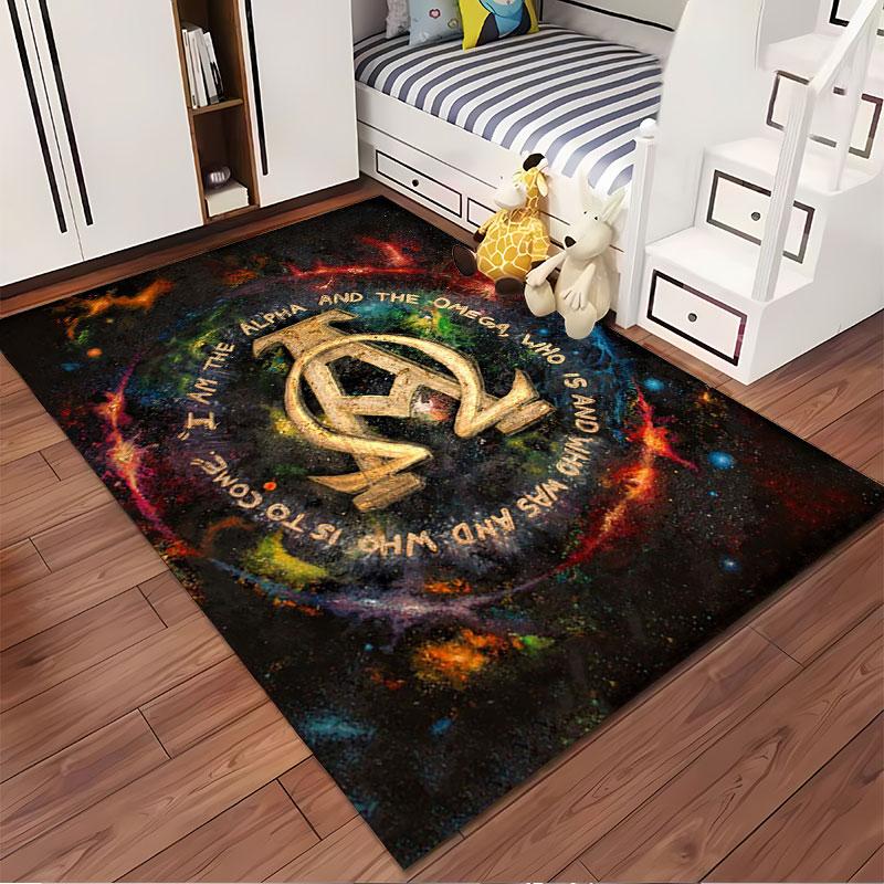 Alpha Omega Pattern Galaxy Carpet suitable as a non-slip mat for the living room or bedroom sofa