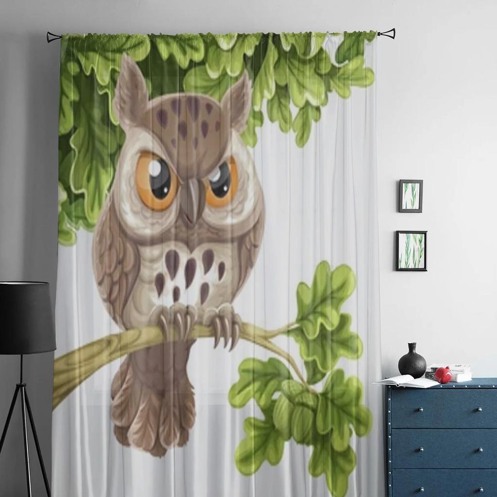 Cartoon Owl Sitting On A Branch Sheer Window Curtains For Living Room Bedroom Voile Tulle Curtains Fabric Drapes For Kitchen