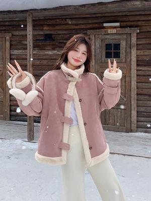 Женская 2024 Розовая куртка из овечьей шерсти и замши - Утепленная, Маленький размер, Зимний топ с меховой подкладкой