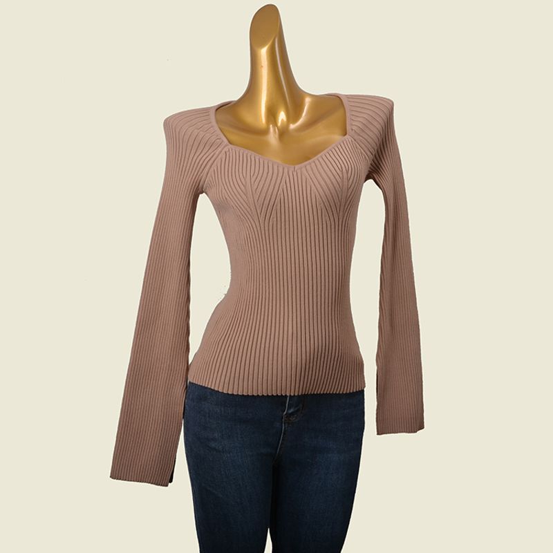 Water Drop Collar Sweater Fashion Wind Thread High Elastic Silm Fashion Small Sexy Slit Long Sleeve Pullover Top