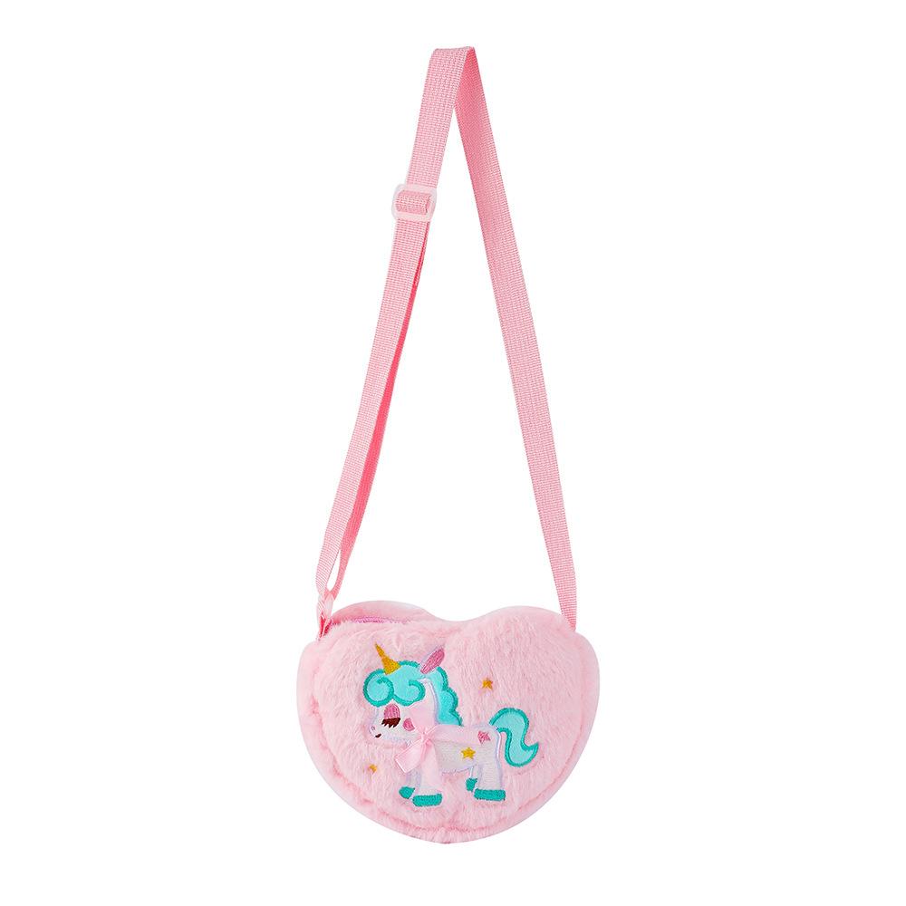 Children's Heart Shaped Shoulder Bag Unicorn Cartoon Plush Love Crossbody Bag Kindergarten Girls' Candy Storage Bag