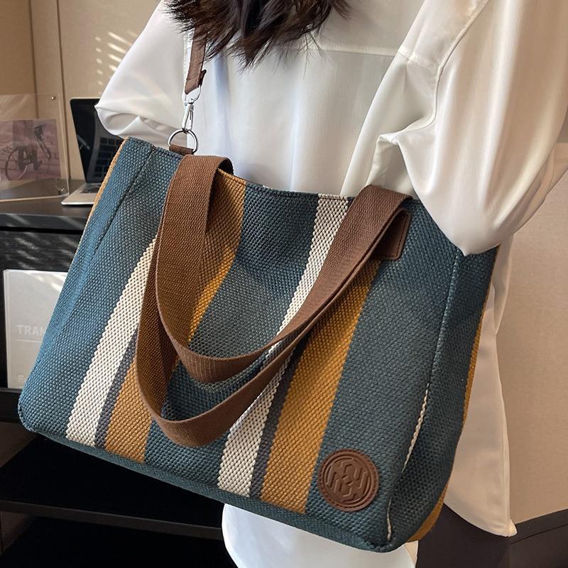 Canvas Bag Striped Tote Bag New Women's Bag Sweet Contrasting Color Handbag Crossbody Bag Large Capacity