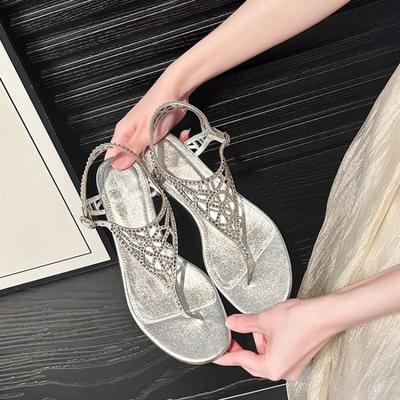 Модные богемные сандалии-шлепанцы с открытым носком, дышащие, на плоской подошве, гламурные сандалии-шлепанцы для женщин, украшенные стразами, с ремешком на пятке