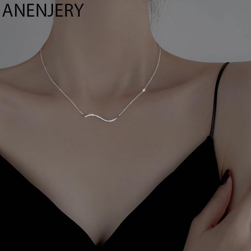ANENJERY Wave Necklace for Women Glittering Pave CZ Clavicle Chain Necklace Jewelry S-N731