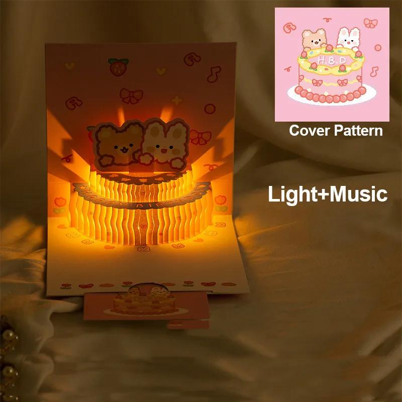 3D Pop Up Light Music Birthday Card Cute Bear Cake Greeting Cards Happy Birthday Party Surprise Blessing Card Gifts