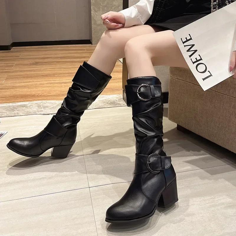 Женские ботинки, модные осенние ботинки из искусственной кожи, женские эластичные черные туфли до колена Roma, большие размеры 35–43, Zapatos De Mujer