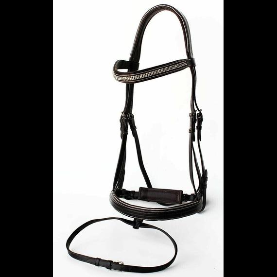 Кожаная уздечка с анатомической подкладкой и соответствующие поводья для лошади.