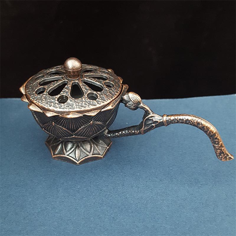 Lotus Flower Incense Burner With Handle Retro Copper Lotus Hollow Out Incense Stick Burner Brass Craft Home Decoration