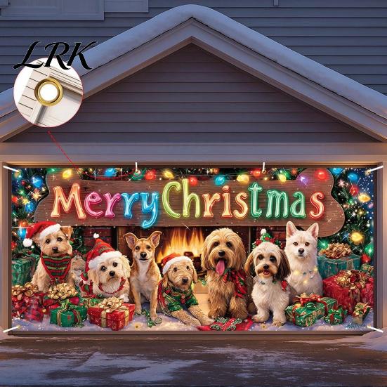 Large Format Door Display Christmas Garage Cover, Winter Holiday Hanging Banner Backdrop, Tree Backdrop Santa Claus Snowman Truck Photography