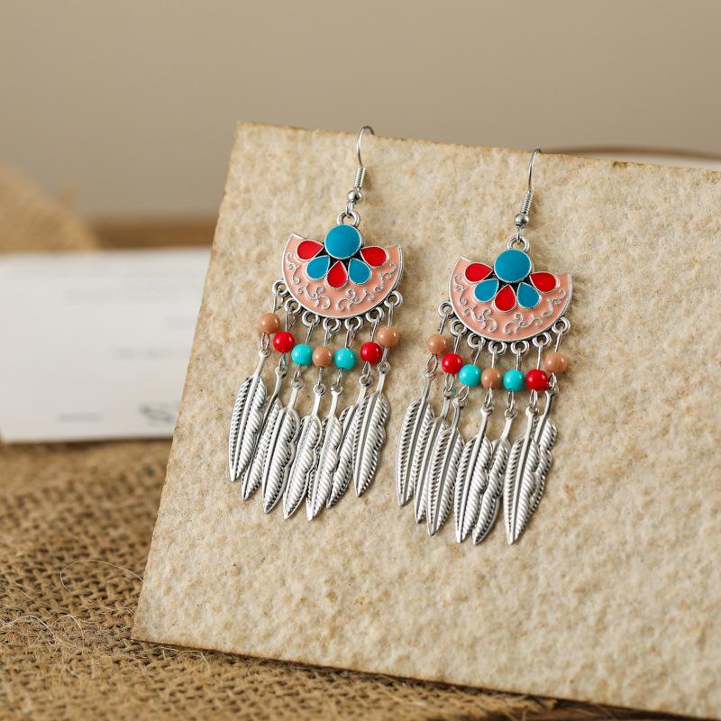 Fashion Bohemian Enameled Flower Geometric Earrings For Women Vintage Boho Ethnic Metal Leaf Tassel Drop Dangle Earrings Jewelry
