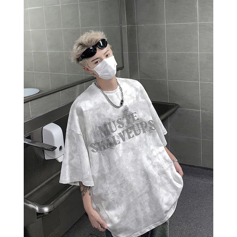 Летняя футболка в американском стиле большого размера с узором «тай-дай» и потертостями, мужская свободная повседневная футболка High Street Top, мужская одежда Y2K