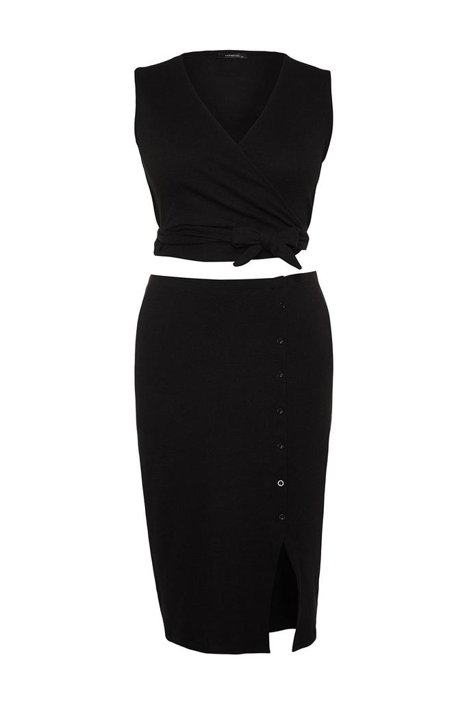 Women's Plus Size Bottom-Top Set Black Slit Detailed Knitted Bottom-Top Set