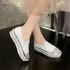 Aphixta Crystals Round Toe Leather Flats Shoes Women Silver Bling Loafers Couple Platform Woman Flat With Students Spring Autumn