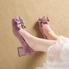 Модные Сладкие Однотонные Туфли Летние Новые Квадратный Носок Мелкий Вырез Хрустальная Пряжка Бант из Ленты Противоскользящая Износостойкая Каблуки