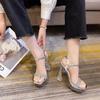 Fashion Shiny Bling Rhinestone Womens Sandals Transparent Platform Party Wedding Shoes 2024 Square Toe Buckle Strap Crystal High Heels