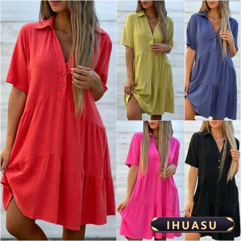 IHUASU Women's Fashion Summer Spring Solid Color Print Short Sleeve V-Neck Casual DressesElegant