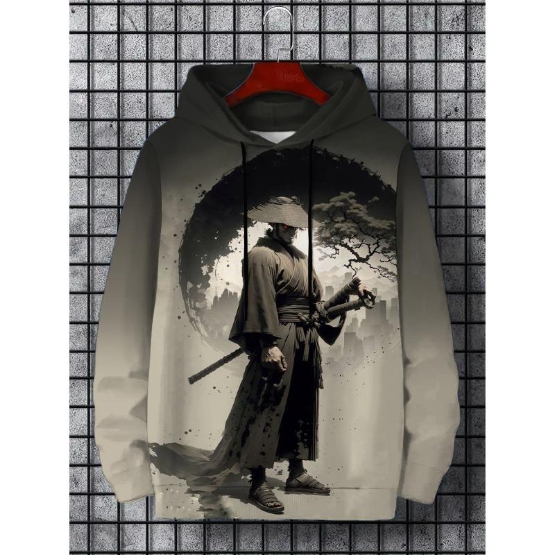 Мужская толстовка с капюшоном Samurai Print Y2k, толстовка Harajuku с капюшоном, повседневный свободный спортивный топ с длинным рукавом, мужская одежда