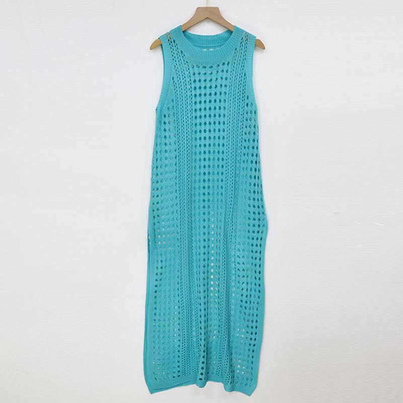 Летний женский полый вязаный жилет, морское длинное платье с круглым вырезом, без рукавов, пляжная накидка