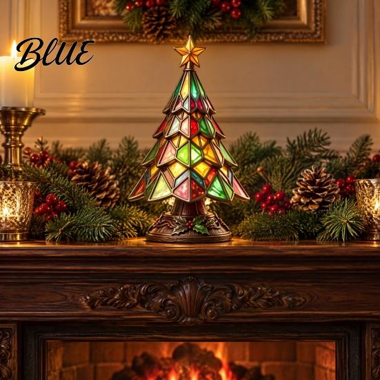 Christmas Fireplace Centerpiece Tree Table Lamp Stained Glass Effect LED Night Light Colorful Housewarming Presents for Home Resin Bedside