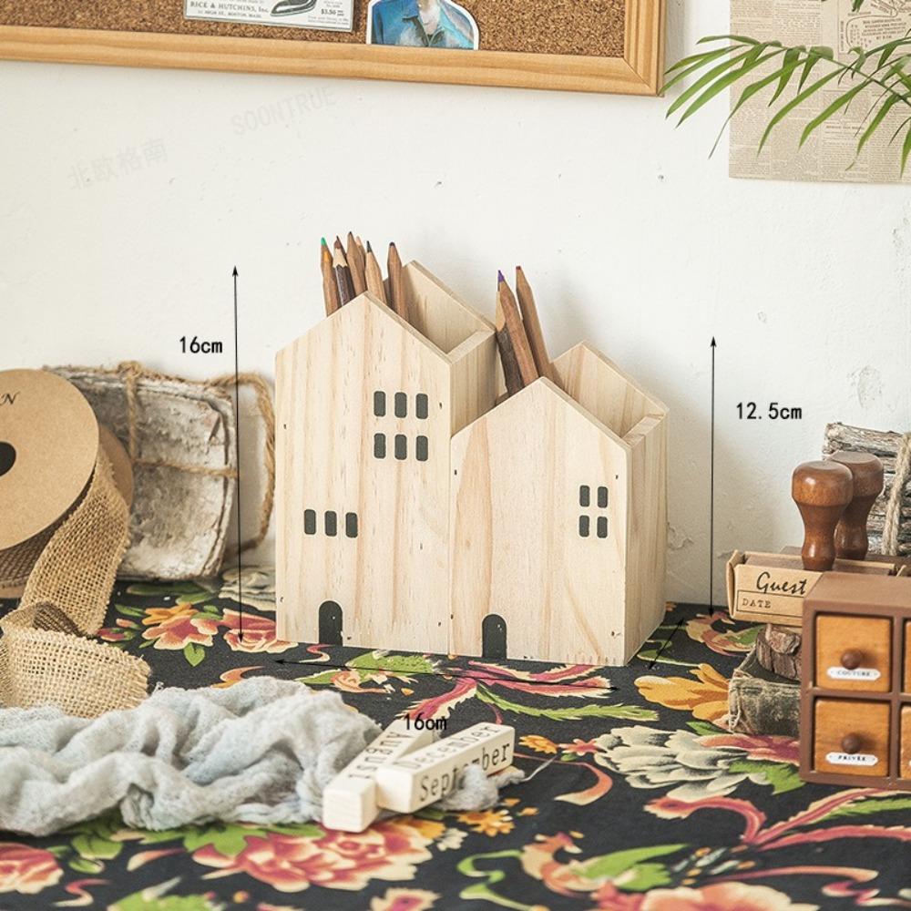 2PCS/Set House-Shape Makeup Brush Organizer Wood Desktop Ornament Back To School Gift