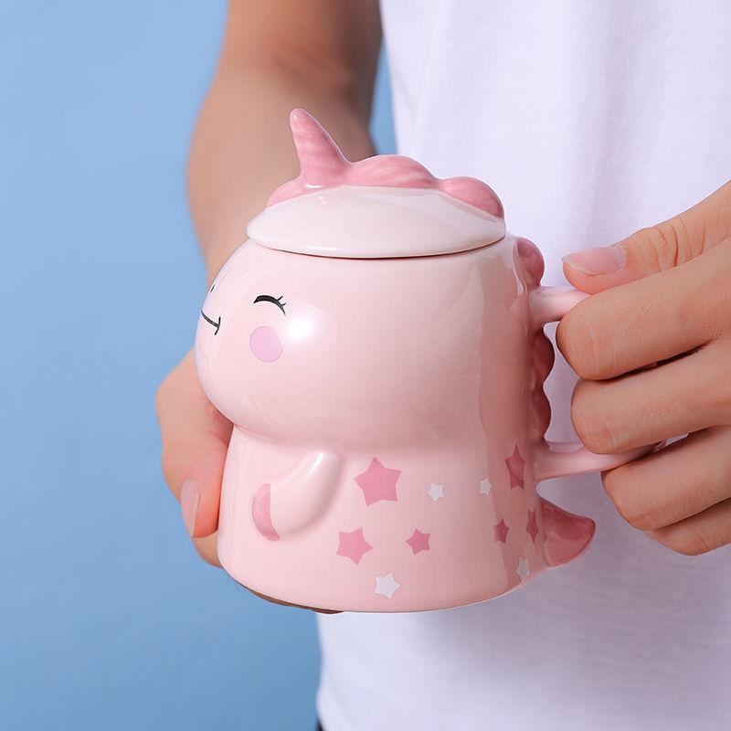 Unicorn Ceramic Water Cup Dinosaur Shaped Mug with Cover Spoon Creative Hand Painted Cartoon Super Cute Super Cute Personality