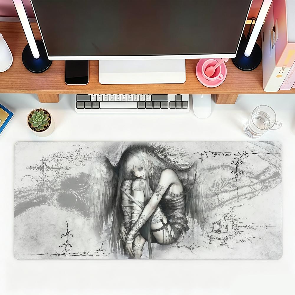 Black White Angel Goth Mouse Pad For Office Gaming And Keyboards Non-Slip Large Waterproof