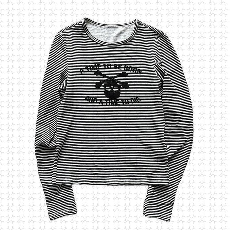 Европейская и американская футболка-пуловер с круглым вырезом, длинными рукавами, в полоску с принтом, ретро, хай-стрит